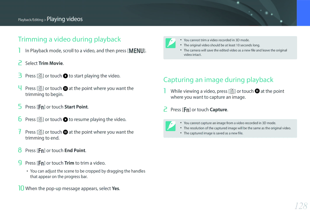 Samsung EV-NX30ZZGGBIR, EV-NX30ZZBZBDE manual 128, Trimming a video during playback, Capturing an image during playback 