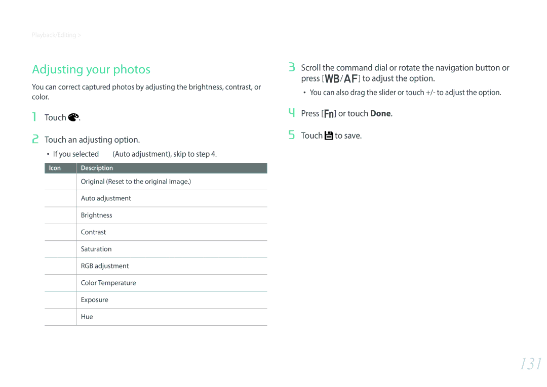 Samsung EV-NX30ZZBGBSA, EV-NX30ZZBZBDE, EV-NX30ZZBZBTR, EV-NX30ZZBGBDE, EV-NX30ZZBGBHU 131, Touch Touch an adjusting option 