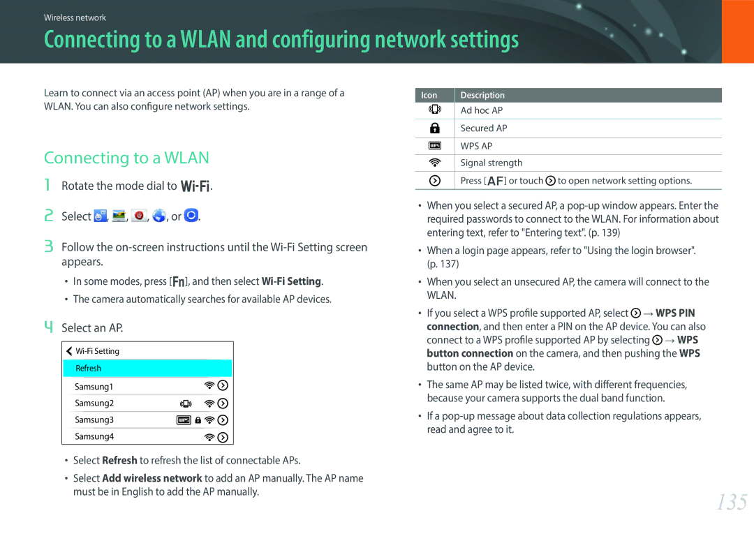 Samsung EV-NX30ZZBZBCZ, EV-NX30ZZBZBDE manual Connecting to a Wlan and configuring network settings, 135, Select an AP 