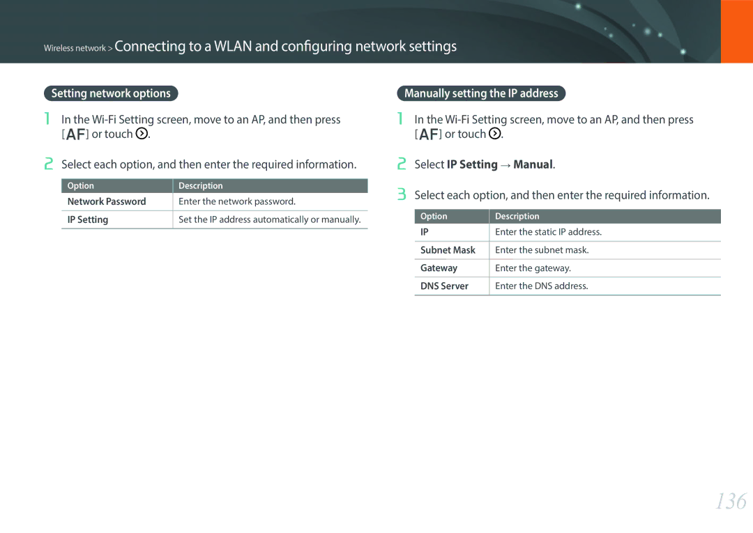 Samsung EV-NX30ZZBGBCH manual 136, Setting network options, Manually setting the IP address, Enter the static IP address 