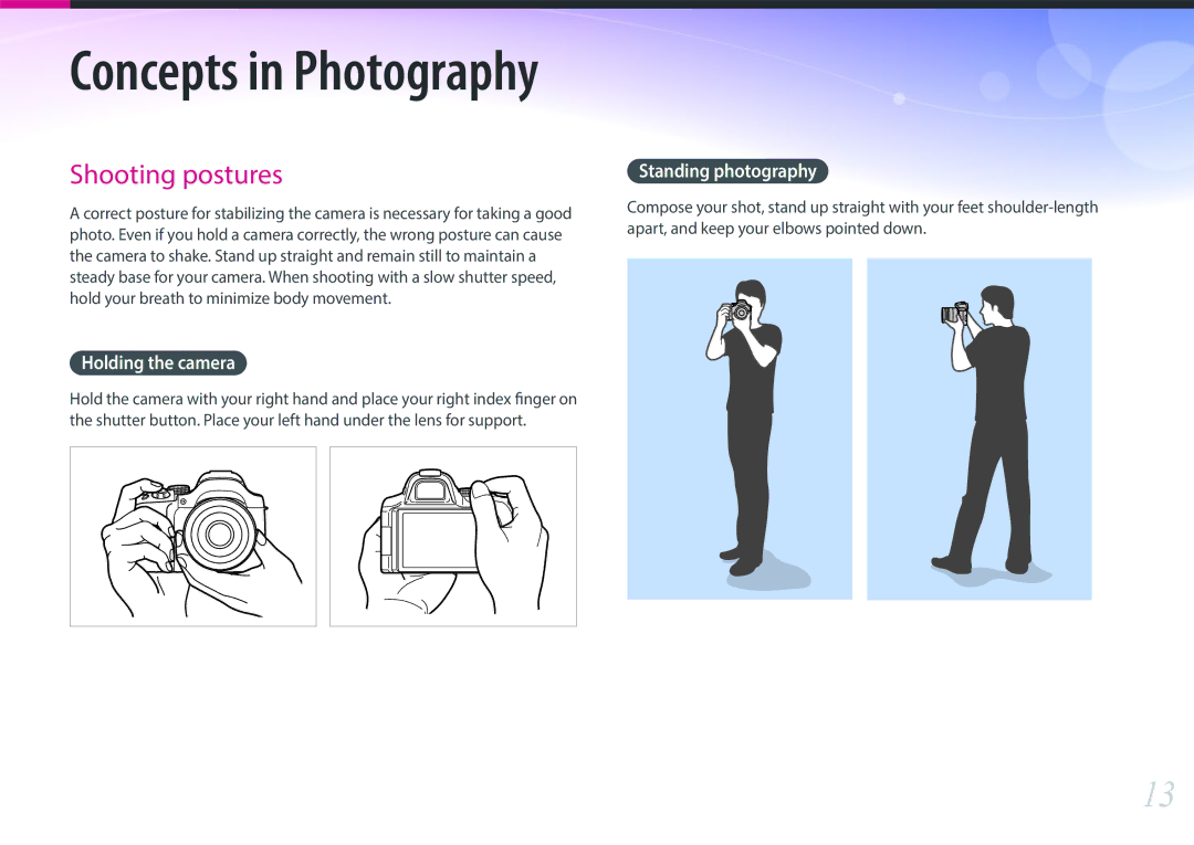 Samsung EV-NX30ZZBGBJO, EV-NX30ZZBZBDE, EV-NX30ZZBZBTR, EV-NX30ZZBGBDE manual Holding the camera, Standing photography 