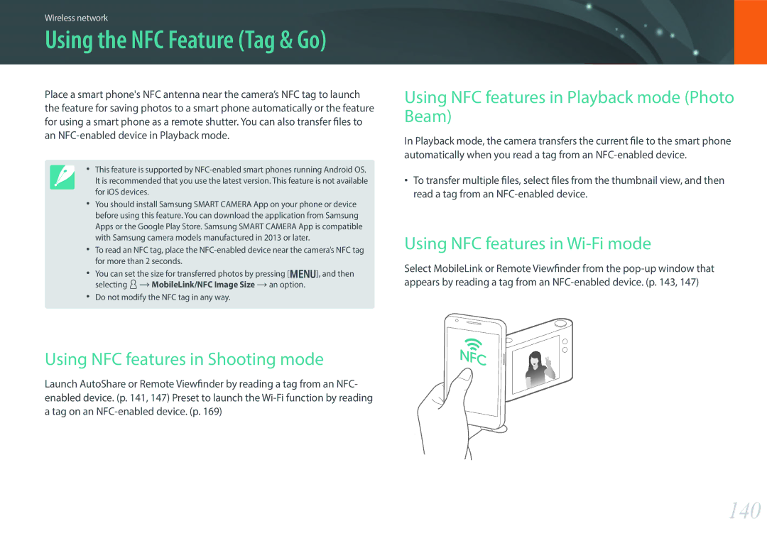 Samsung EV-NX30ZZBGBLV manual 140, Using NFC features in Shooting mode, Using NFC features in Playback mode Photo Beam 