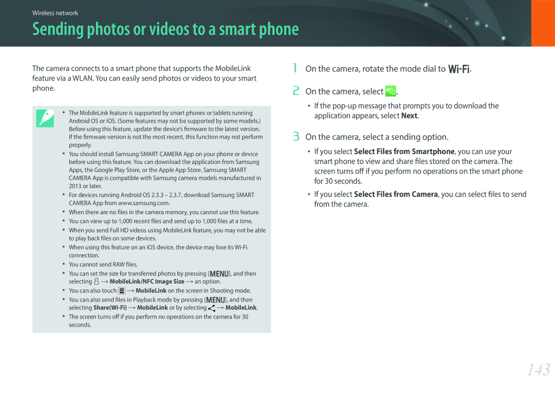 Samsung EV-NX30ZZBGBIL manual Sending photos or videos to a smart phone, 143, On the camera, select a sending option 