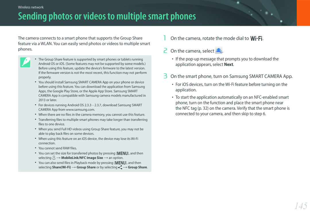 Samsung EV-NX30ZZBZBTR, EV-NX30ZZBZBDE, EV-NX30ZZBGBDE manual Sending photos or videos to multiple smart phones, 145 