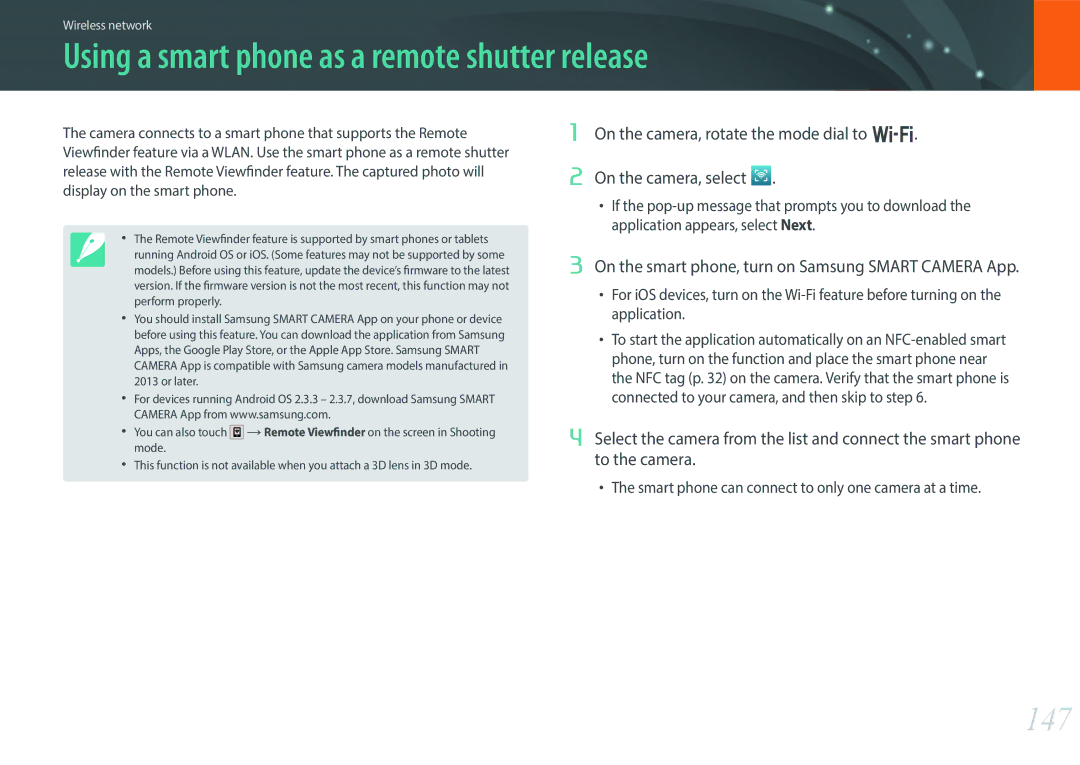 Samsung EV-NX30ZZBGBHU, EV-NX30ZZBZBDE, EV-NX30ZZBZBTR, EV-NX30ZZBGBDE Using a smart phone as a remote shutter release, 147 