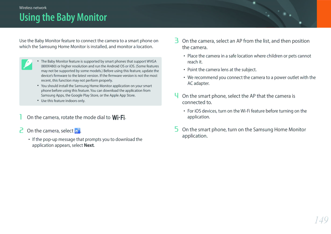 Samsung EV-NX30ZZBGBFR, EV-NX30ZZBZBDE, EV-NX30ZZBZBTR, EV-NX30ZZBGBDE, EV-NX30ZZBGBHU manual Using the Baby Monitor, 149 