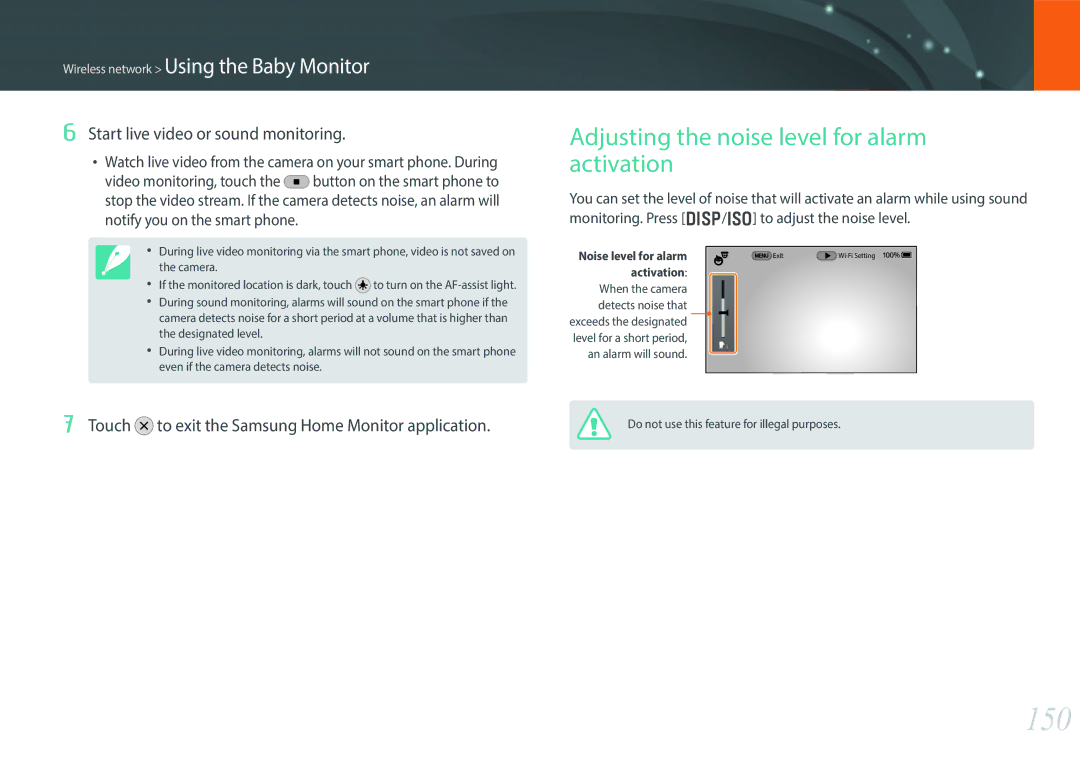 Samsung NX30PRT002/SEF manual 150, Adjusting the noise level for alarm activation, Start live video or sound monitoring 