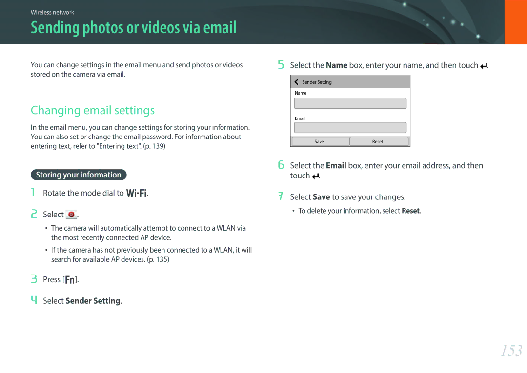 Samsung EV-NX30ZZBGBES, EV-NX30ZZBZBDE, EV-NX30ZZBZBTR manual 153, Changing email settings, Storing your information 