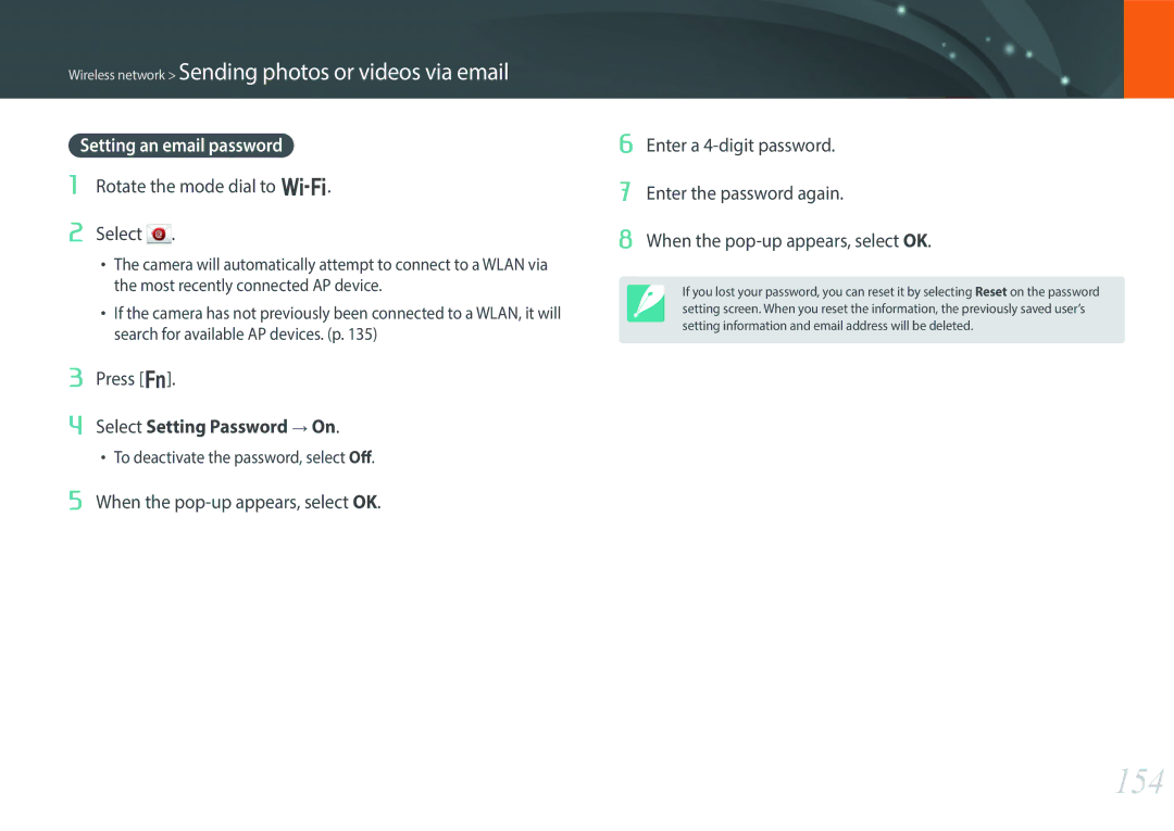 Samsung EV-NX30ZZBGBDZ, EV-NX30ZZBZBDE, EV-NX30ZZBZBTR, EV-NX30ZZBGBDE, EV-NX30ZZBGBHU manual 154, Setting an email password 