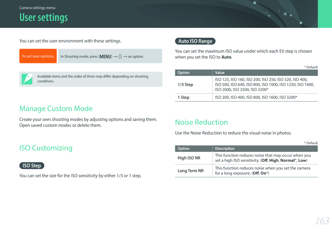 Samsung EV-NX30ZZBGBRS, EV-NX30ZZBZBDE 163, ISO Step, Auto ISO Range, You can set the user environment with these settings 