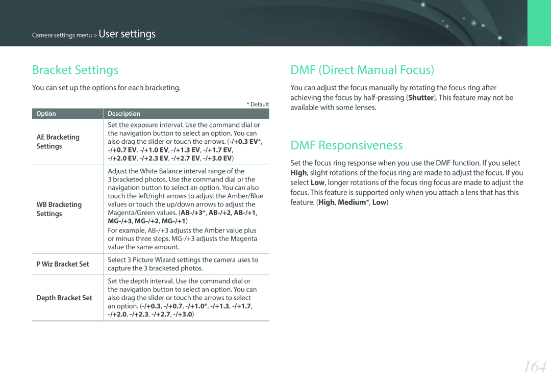 Samsung EV-NX30ZZBZBCZ, EV-NX30ZZBZBDE manual 164, DMF Responsiveness, You can set up the options for each bracketing 