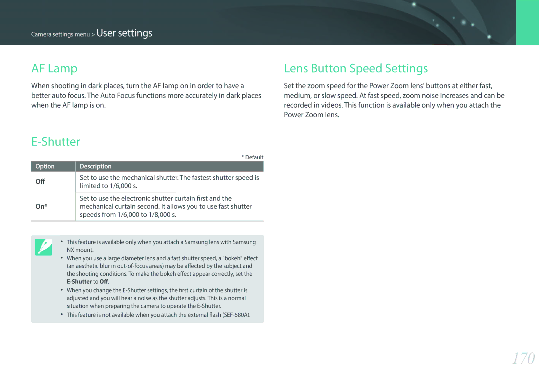 Samsung EV-NX30ZZBGBGR, EV-NX30ZZBZBDE, EV-NX30ZZBZBTR, EV-NX30ZZBGBDE 170, AF Lamp, Shutter, Lens Button Speed Settings 