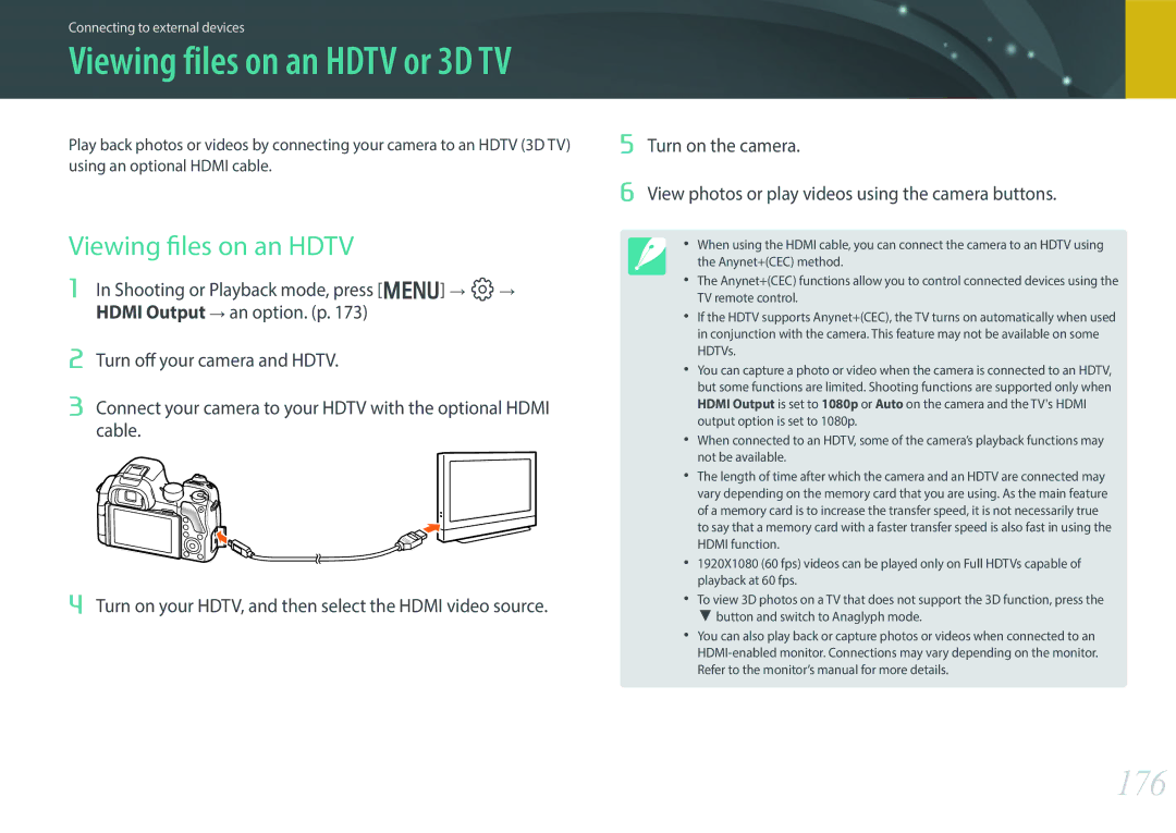 Samsung EV-NX30ZZBGBHU, EV-NX30ZZBZBDE, EV-NX30ZZBZBTR, EV-NX30ZZBGBDE, EV-NX30ZZBMBDE manual 176, Viewing files on an Hdtv 