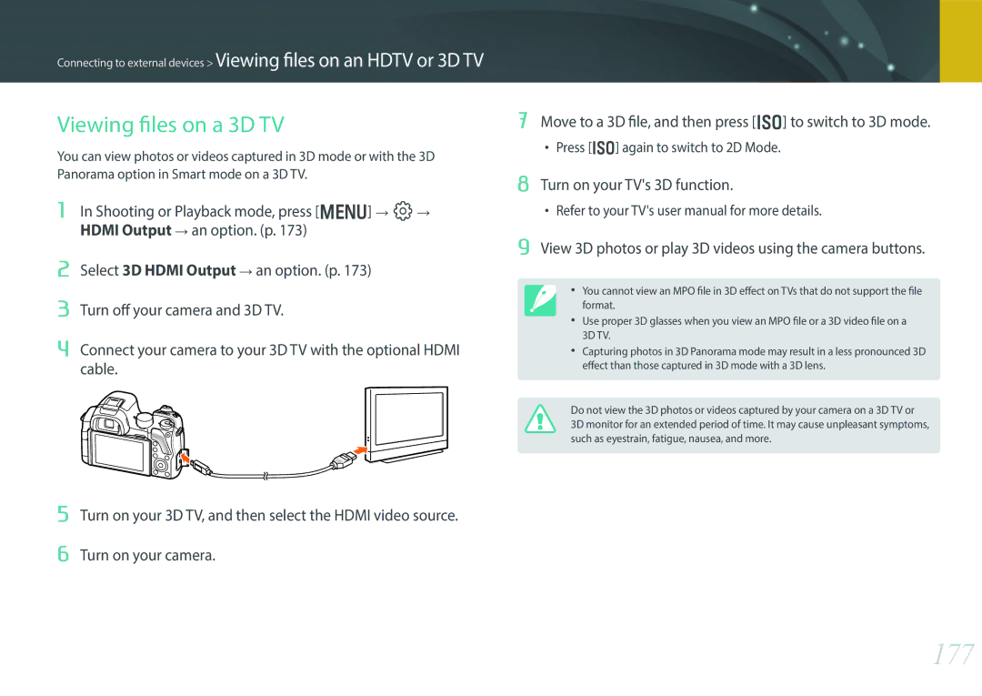 Samsung EV-NX30ZZBMBDE manual 177, Viewing files on a 3D TV, Shooting or Playback mode, press m q, Hdmi Output an option. p 