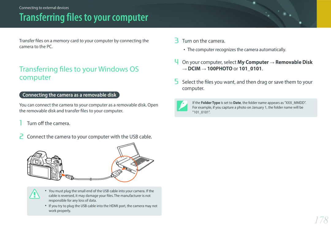 Samsung EV-NX30ZZBGBFR 178, Transferring files to your Windows OS computer, Connecting the camera as a removable disk 