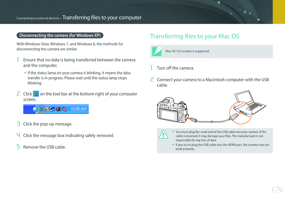 Samsung NX30PRT002/SEF, EV-NX30ZZBZBDE 179, Transferring files to your Mac OS, Disconnecting the camera for Windows XP 