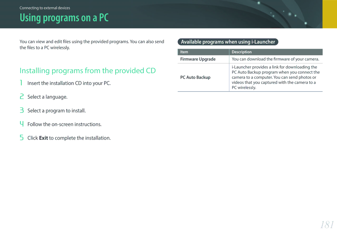 Samsung EV-NX30ZZBGBIT, EV-NX30ZZBZBDE manual Using programs on a PC, 181, Installing programs from the provided CD 