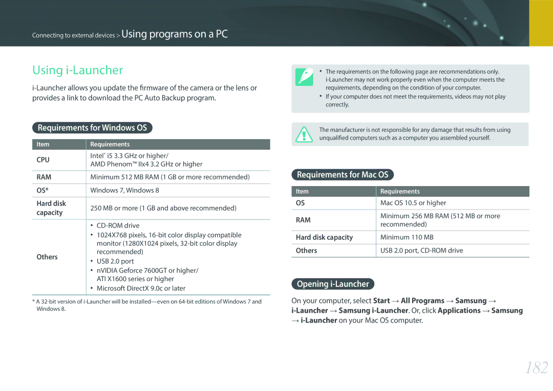 Samsung EV-NX30ZZBGBES 182, Using i-Launcher, Requirements for Windows OS, Requirements for Mac OS, Opening i-Launcher 