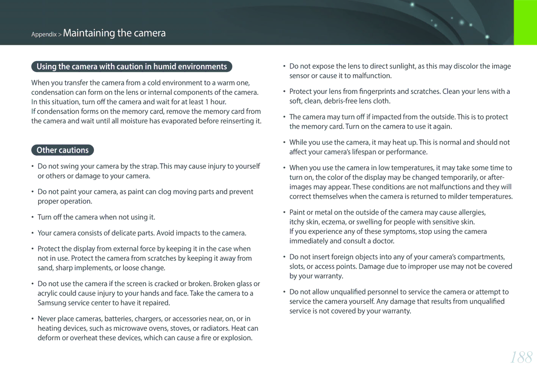 Samsung EV-NX30ZZGGBZA, EV-NX30ZZBZBDE manual 188, Using the camera with caution in humid environments, Other cautions 