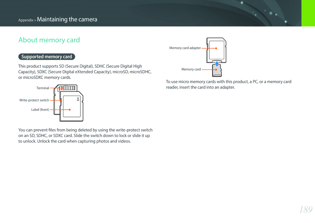 Samsung EV-NX30ZZBGBSA, EV-NX30ZZBZBDE, EV-NX30ZZBZBTR, EV-NX30ZZBGBDE manual 189, About memory card, Supported memory card 