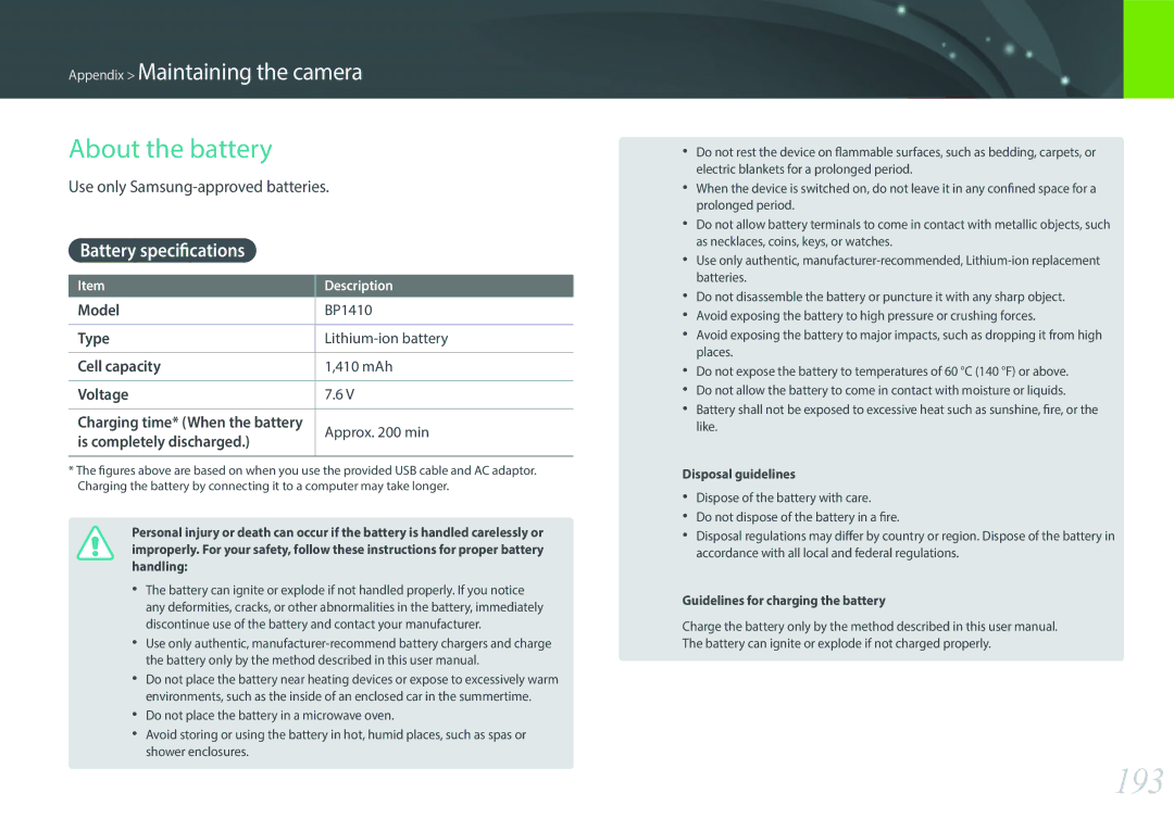 Samsung EV-NX30ZZBZBCZ, EV-NX30ZZBZBDE 193, About the battery, Battery specifications, Use only Samsung-approved batteries 