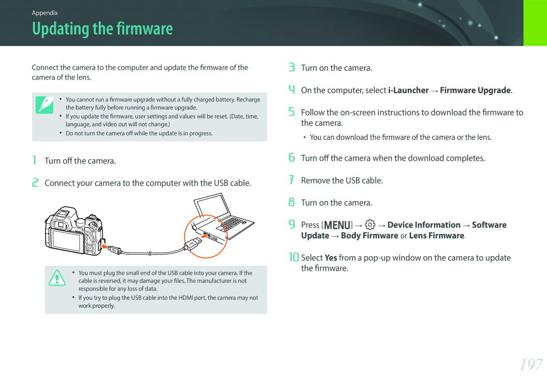 Samsung EV-NX30ZZBGBDK, EV-NX30ZZBZBDE, EV-NX30ZZBZBTR, EV-NX30ZZBGBDE, EV-NX30ZZBGBHU manual Updating the firmware, 197 