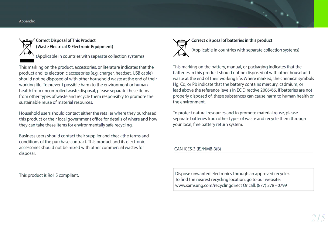 Samsung EV-NX30ZZGGBIR, EV-NX30ZZBZBDE, EV-NX30ZZBZBTR manual 215, Applicable in countries with separate collection systems 