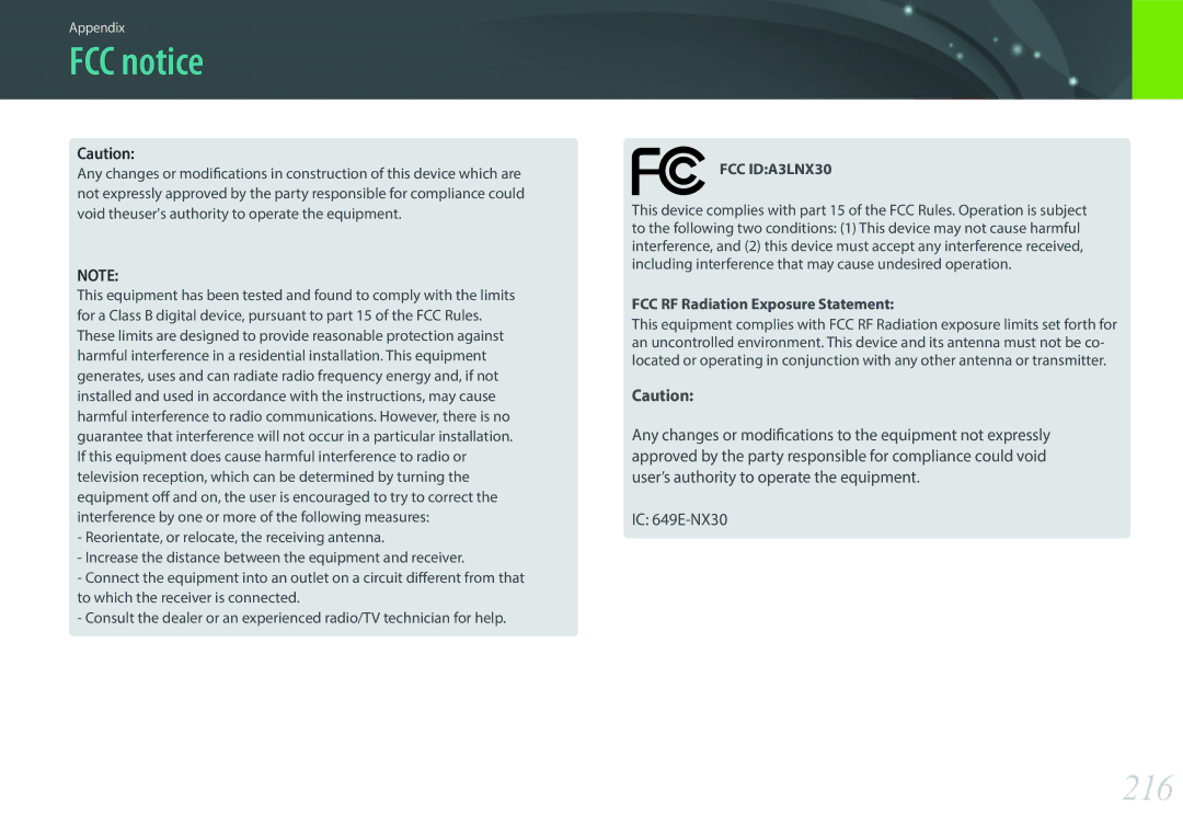 Samsung EV-NX30ZZBGBJO, EV-NX30ZZBZBDE, EV-NX30ZZBZBTR FCC notice, 216, IC 649E-NX30, FCC RF Radiation Exposure Statement 