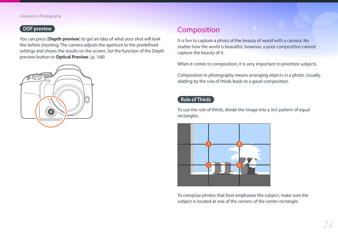 Samsung EV-NX30ZZBGBLV, EV-NX30ZZBZBDE, EV-NX30ZZBZBTR, EV-NX30ZZBGBDE, EV-NX30ZZBGBHU manual DOF preview, Rule of Thirds 