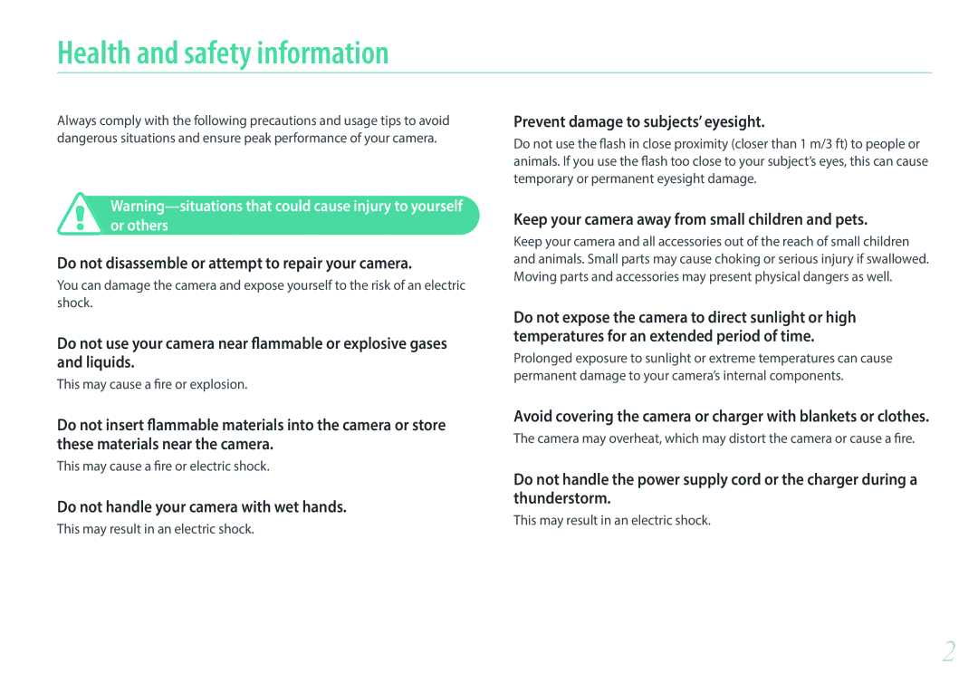 Samsung EV-NX30ZZBGBHU, EV-NX30ZZBZBDE Health and safety information, Do not disassemble or attempt to repair your camera 