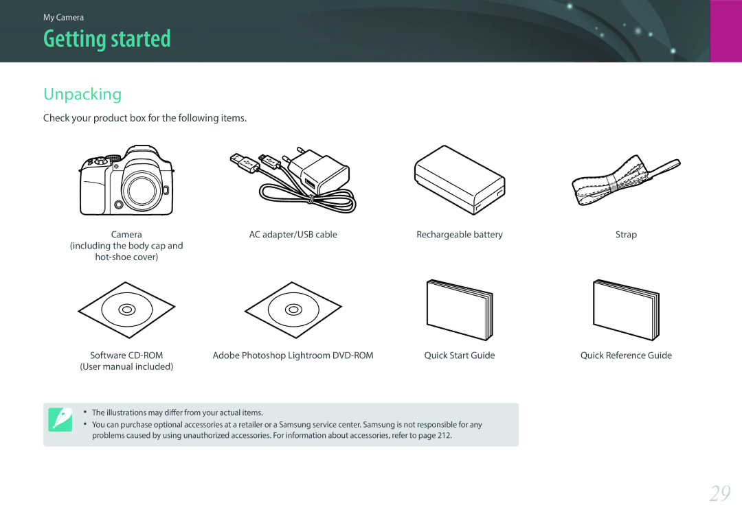 Samsung EV-NX30ZZBZBTR, EV-NX30ZZBZBDE manual Getting started, Unpacking, Check your product box for the following items 