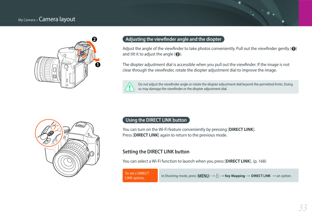 Samsung EV-NX30ZZBGBFR, EV-NX30ZZBZBDE manual Setting the Direct Link button, Adjusting the viewfinder angle and the diopter 