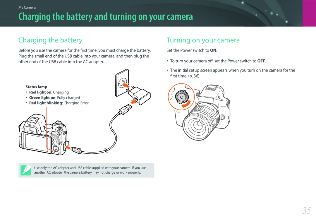 Samsung NX30PRD002/SEF, EV-NX30ZZBZBDE manual Charging the battery and turning on your camera, Turning on your camera 