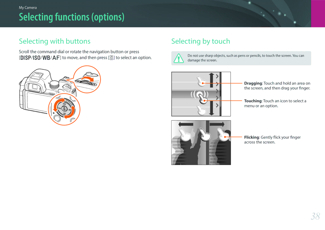 Samsung EV-NX30ZZBGBDZ, EV-NX30ZZBZBDE manual Selecting functions options, Selecting with buttons, Selecting by touch 