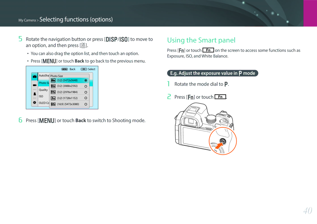 Samsung EV-NX30ZZBGBRU, EV-NX30ZZBZBDE manual Using the Smart panel, Adjust the exposure value in Pmode, Press f or touch 