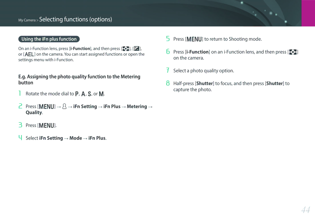 Samsung EV-NX30ZZBGBSA Assigning the photo quality function to the Metering button, Using the iFn plus function, Press m 