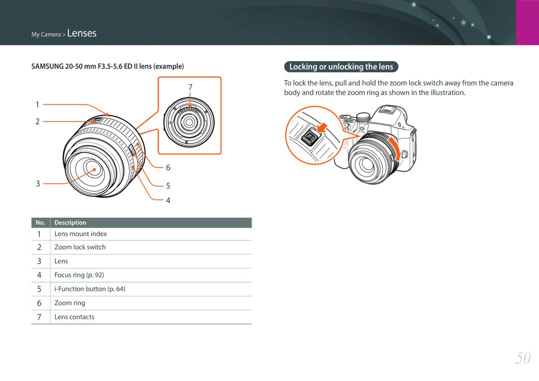Samsung EV-NX30ZZBGBCZ, EV-NX30ZZBZBDE manual Locking or unlocking the lens, Samsung 20-50 mm F3.5-5.6 ED II lens example 