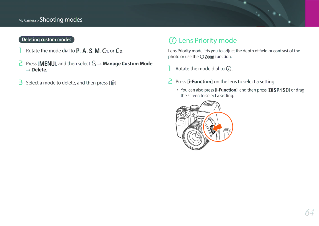 Samsung NX30PRD002/SEF, EV-NX30ZZBZBDE, EV-NX30ZZBZBTR, EV-NX30ZZBGBDE manual ILens Priority mode, Deleting custom modes 