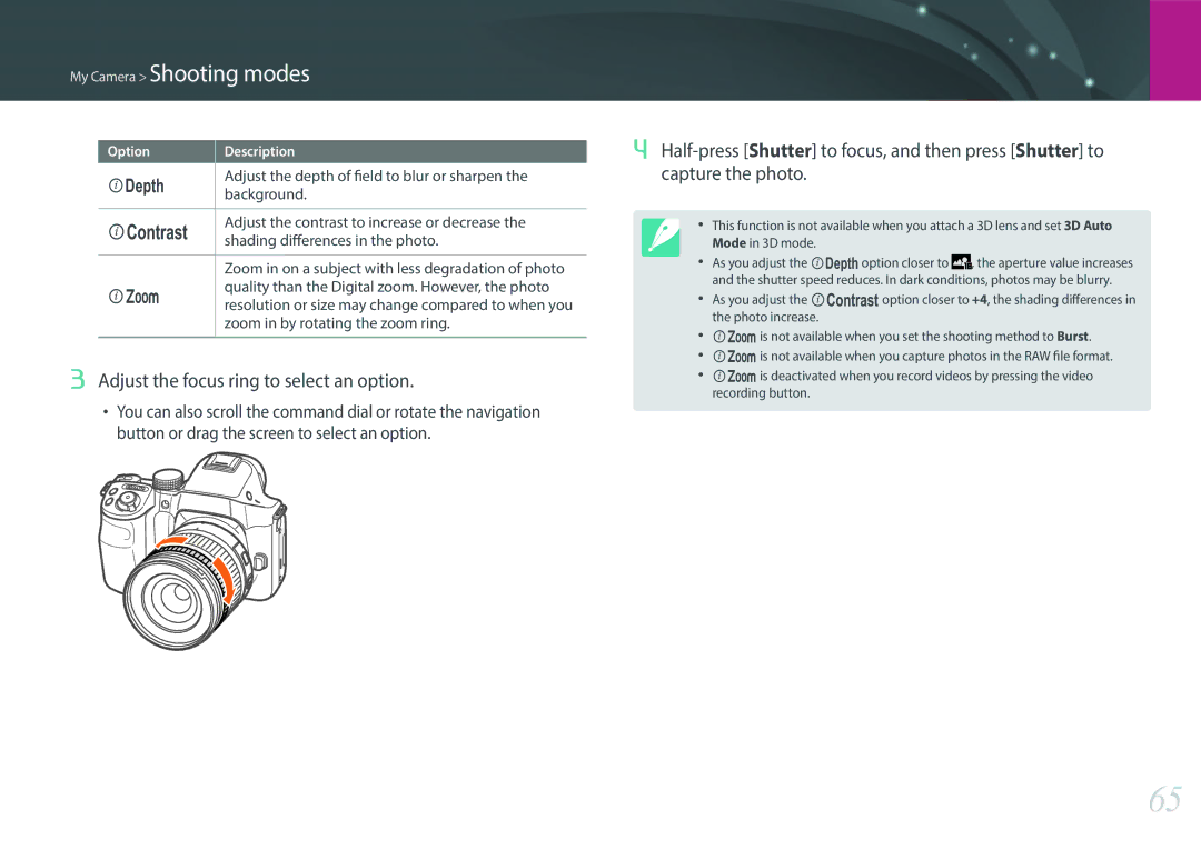 Samsung EV-NX30ZZBGBIT, EV-NX30ZZBZBDE, EV-NX30ZZBZBTR, EV-NX30ZZBGBDE manual Adjust the focus ring to select an option 