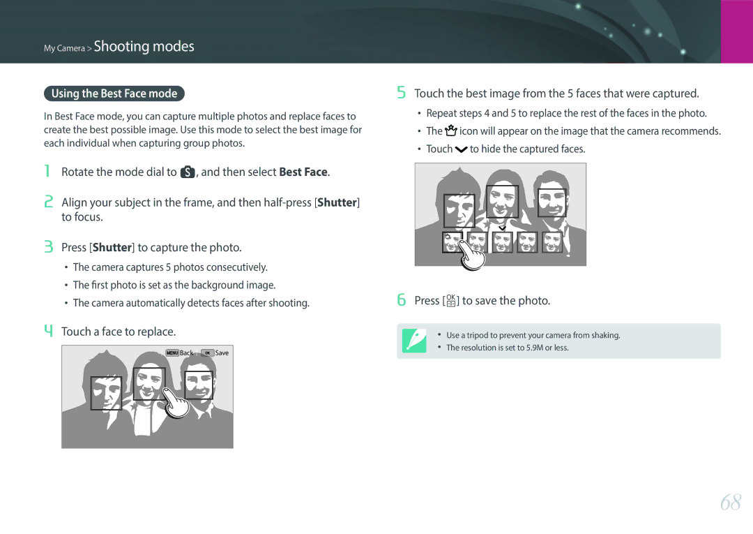 Samsung EV-NX30ZZGGBME, EV-NX30ZZBZBDE manual Using the Best Face mode, Touch a face to replace, Press o to save the photo 