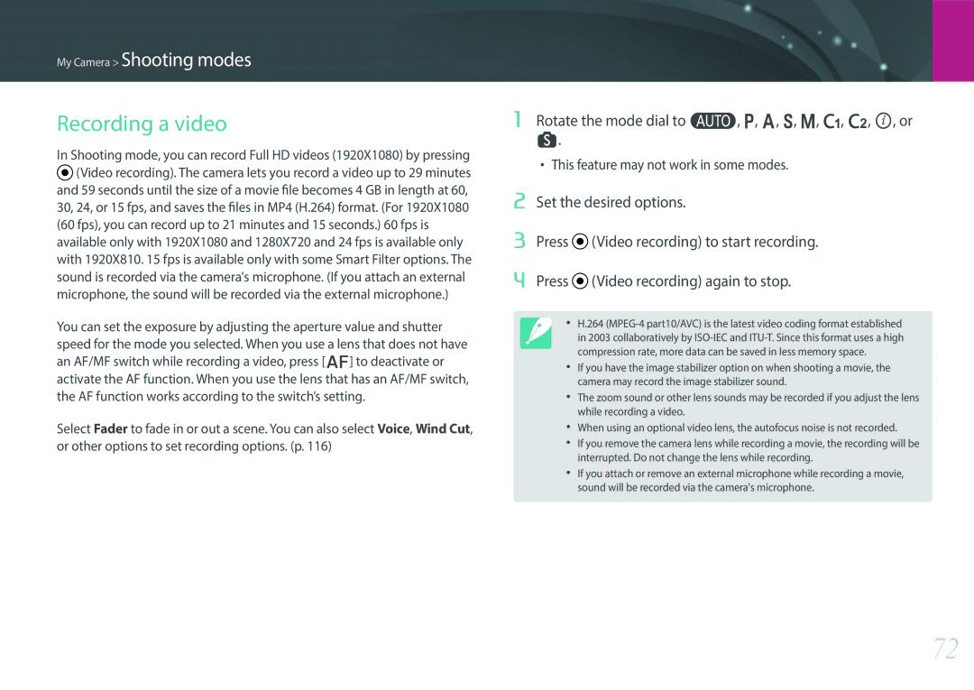 Samsung EV-NX30ZZGGBZA, EV-NX30ZZBZBDE manual Recording a video, Rotate the mode dial to t, P, A, S, M, T, U, i, or s 