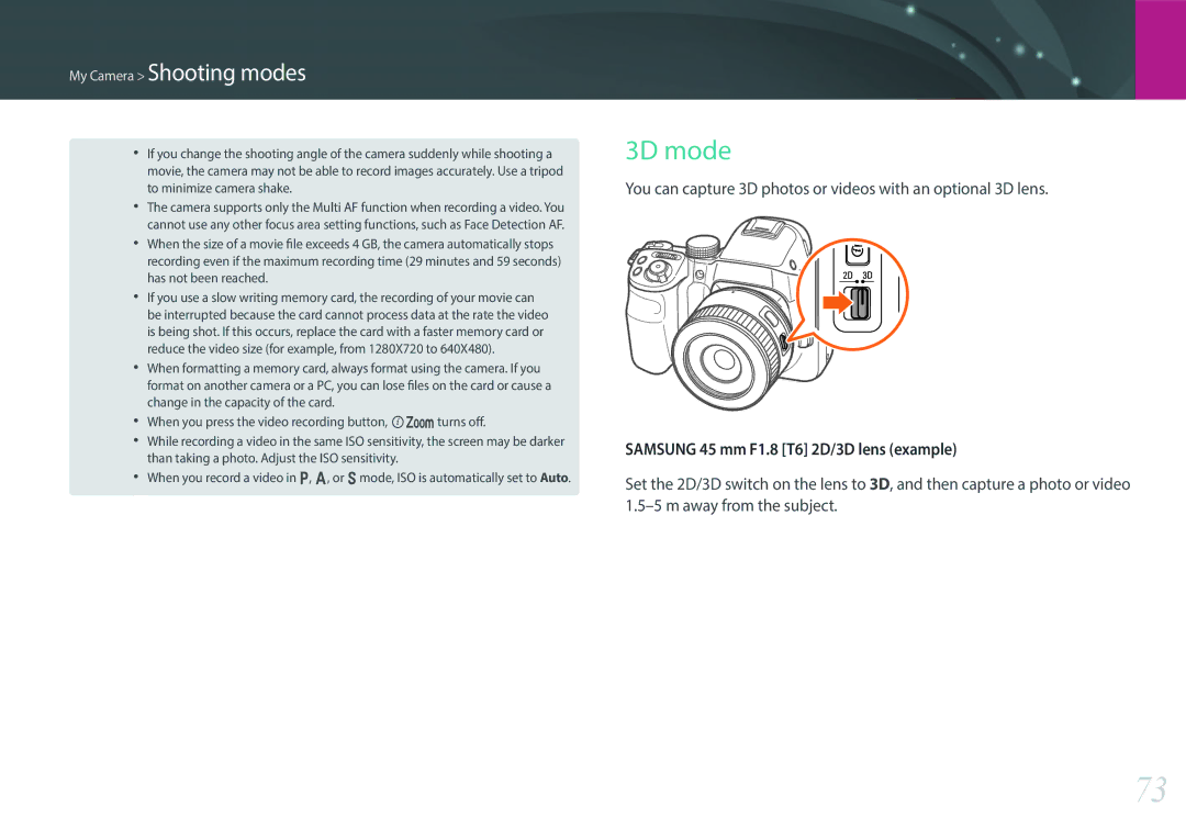 Samsung EV-NX30ZZBGBSA, EV-NX30ZZBZBDE manual 3D mode, You can capture 3D photos or videos with an optional 3D lens 