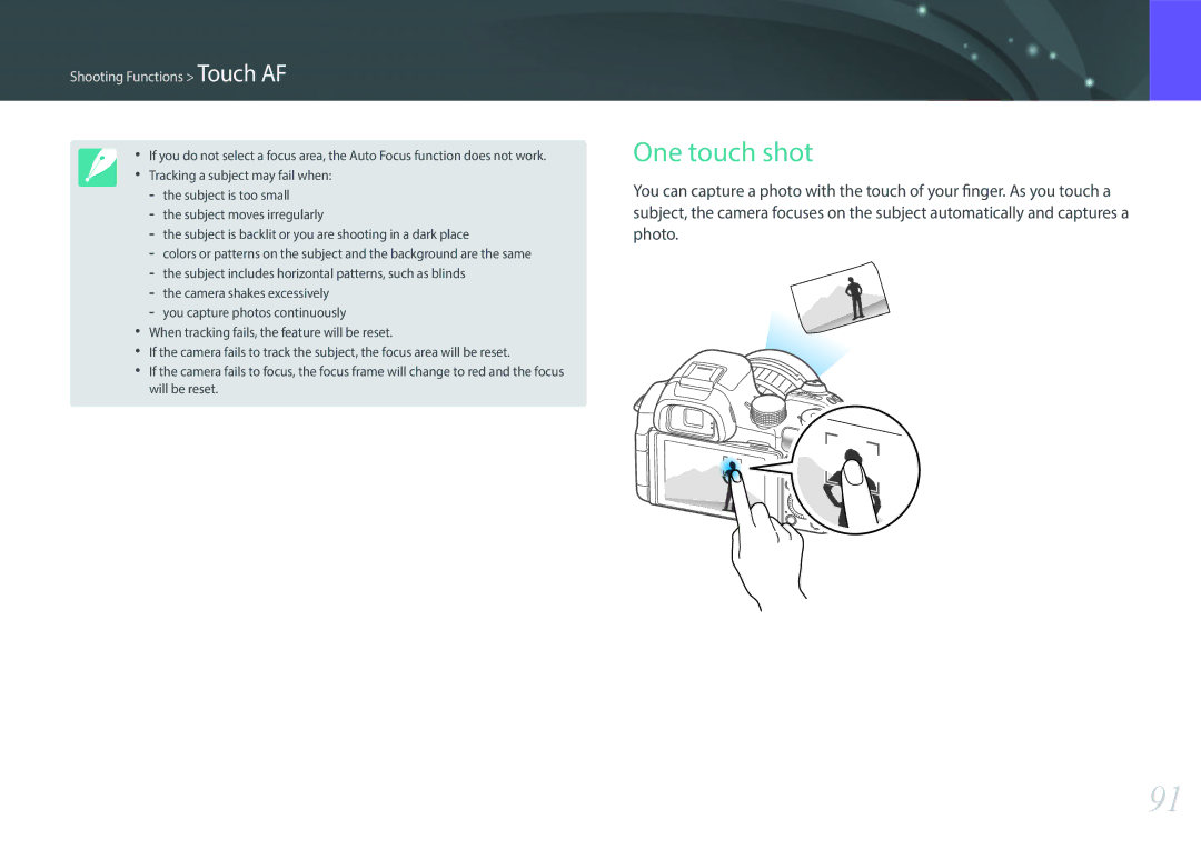 Samsung EV-NX30ZZBGBFR, EV-NX30ZZBZBDE, EV-NX30ZZBZBTR, EV-NX30ZZBGBDE manual One touch shot, Shooting Functions Touch AF 