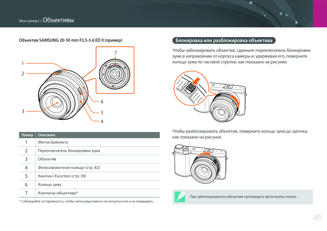 Samsung EV-NX3000BEIKZ manual Блокировка или разблокировка объектива, Объектив Samsung 20-50 mm F3.5-5.6 ED II пример 