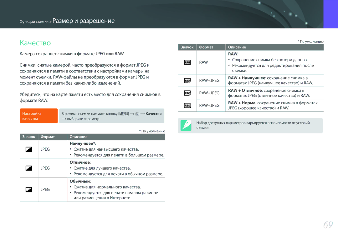 Samsung EV-NX3300BEBRU manual Качество, Камера сохраняет снимки в формате Jpeg или RAW, Наилучшее, Отличное, Обычный 