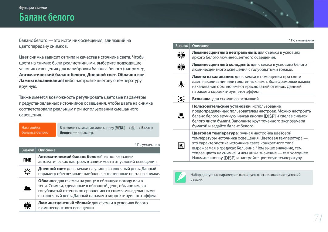 Samsung EV-NX3000BEIRU, EV-NX3300BEBRU, EV-NX3000BEHKZ, EV-NX3000BEHRU manual Баланс белого, Вспышка для съемки со вспышкой 