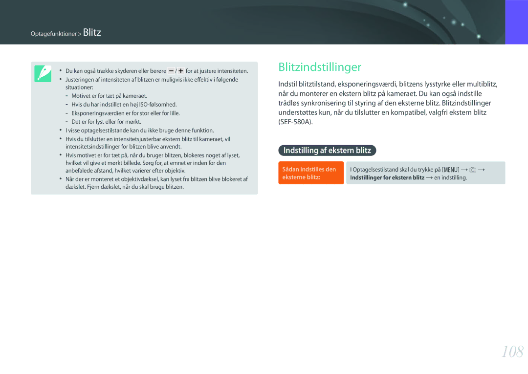 Samsung EV-NX500ZBMIDK manual 108, Blitzindstillinger, Indstilling af ekstern blitz, Sådan indstilles den, Eksterne blitz 