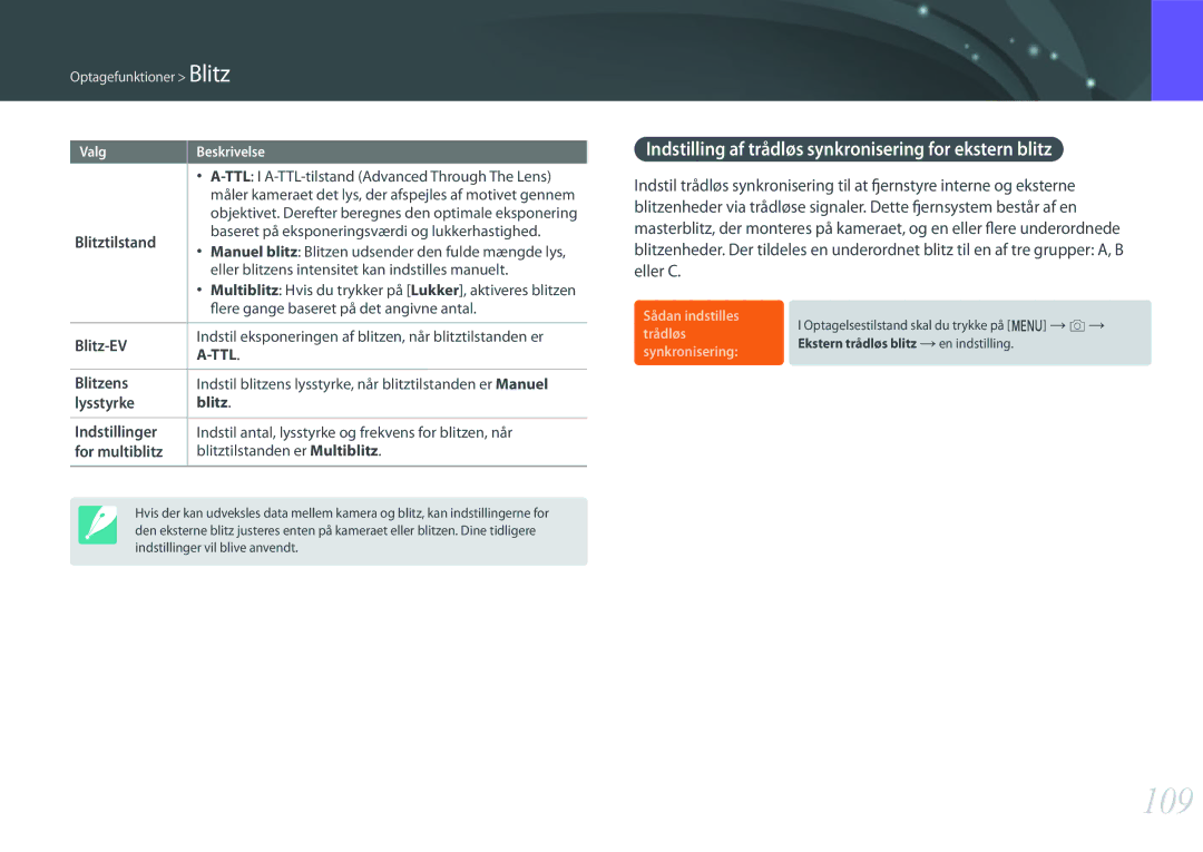 Samsung EV-NX500ZBMJDK, EV-NX500ZBMHDK, EV-NX500ZBMIDK manual 109, Indstilling af trådløs synkronisering for ekstern blitz 
