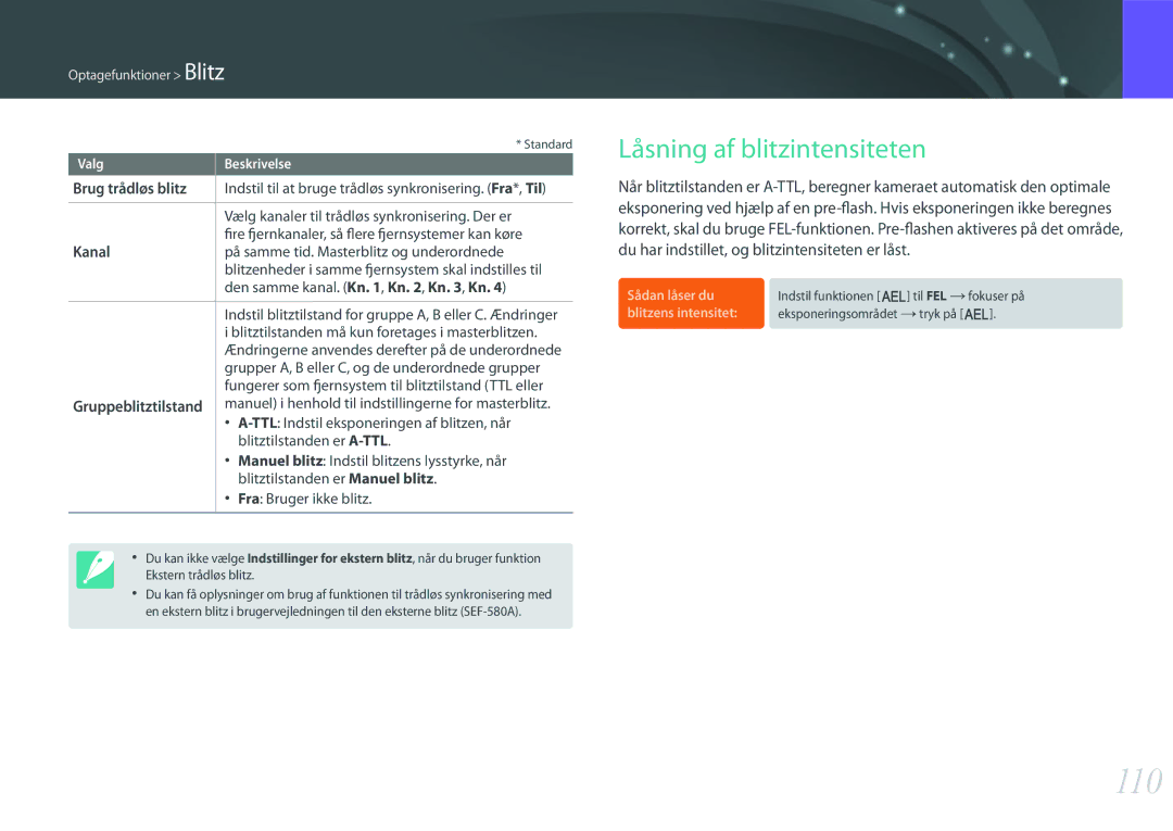 Samsung EV-NX500ZBMHSE, EV-NX500ZBMHDK, EV-NX500ZBMIDK manual 110, Låsning af blitzintensiteten, Brug trådløs blitz, Kanal 