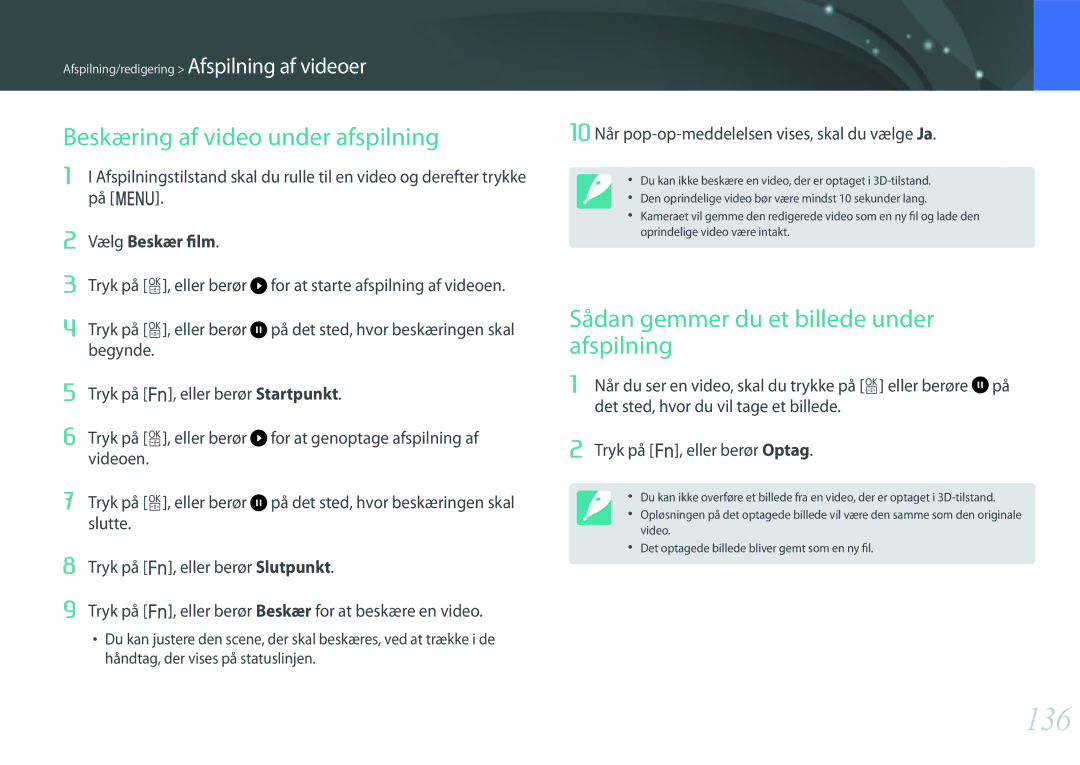 Samsung EV-NX500ZBMJSE manual 136, Beskæring af video under afspilning, Sådan gemmer du et billede under afspilning 